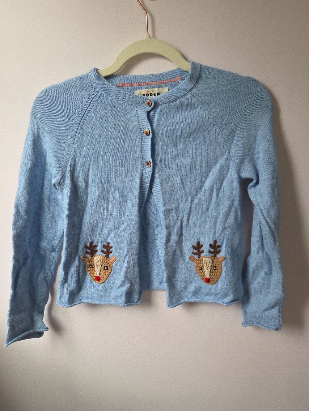 Boden Light Blue Kids Cardigan with Reindeer Appliqués